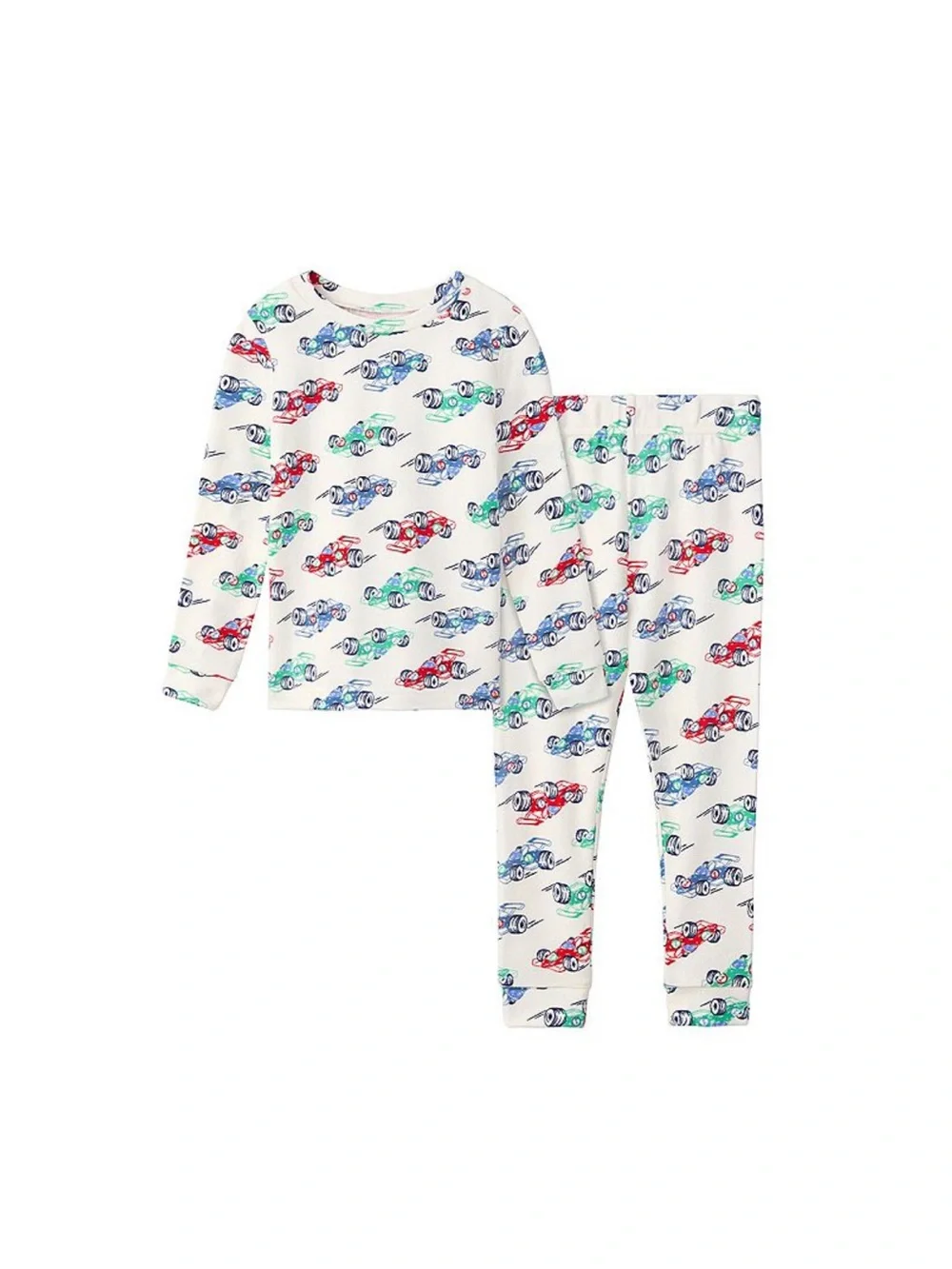 Cuddl Duds Toddler Snug Fit Long Sleeve Pajama Set with Red, Blue & Green Cars